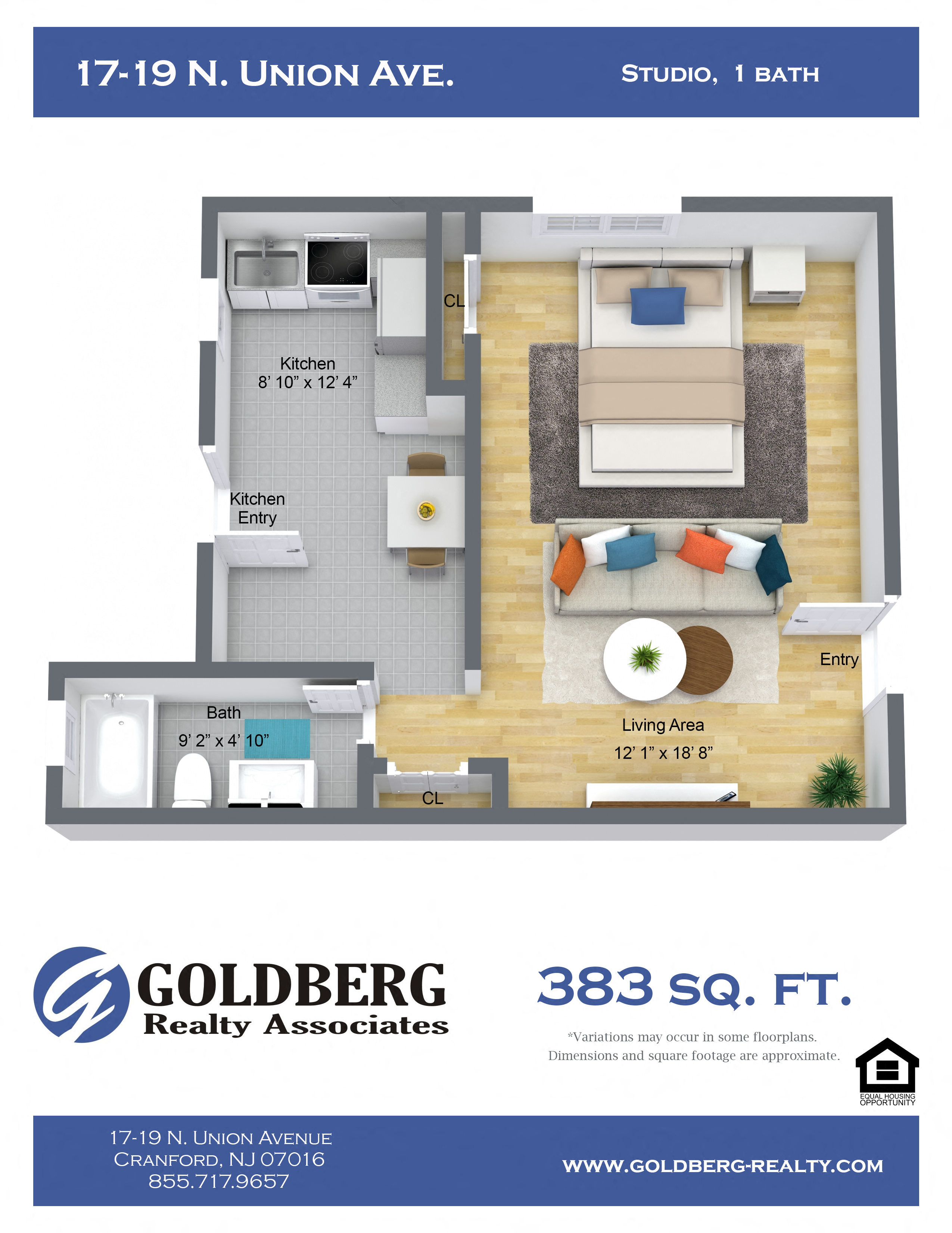 Floor plan for studio, 1 bath, 383 sqft